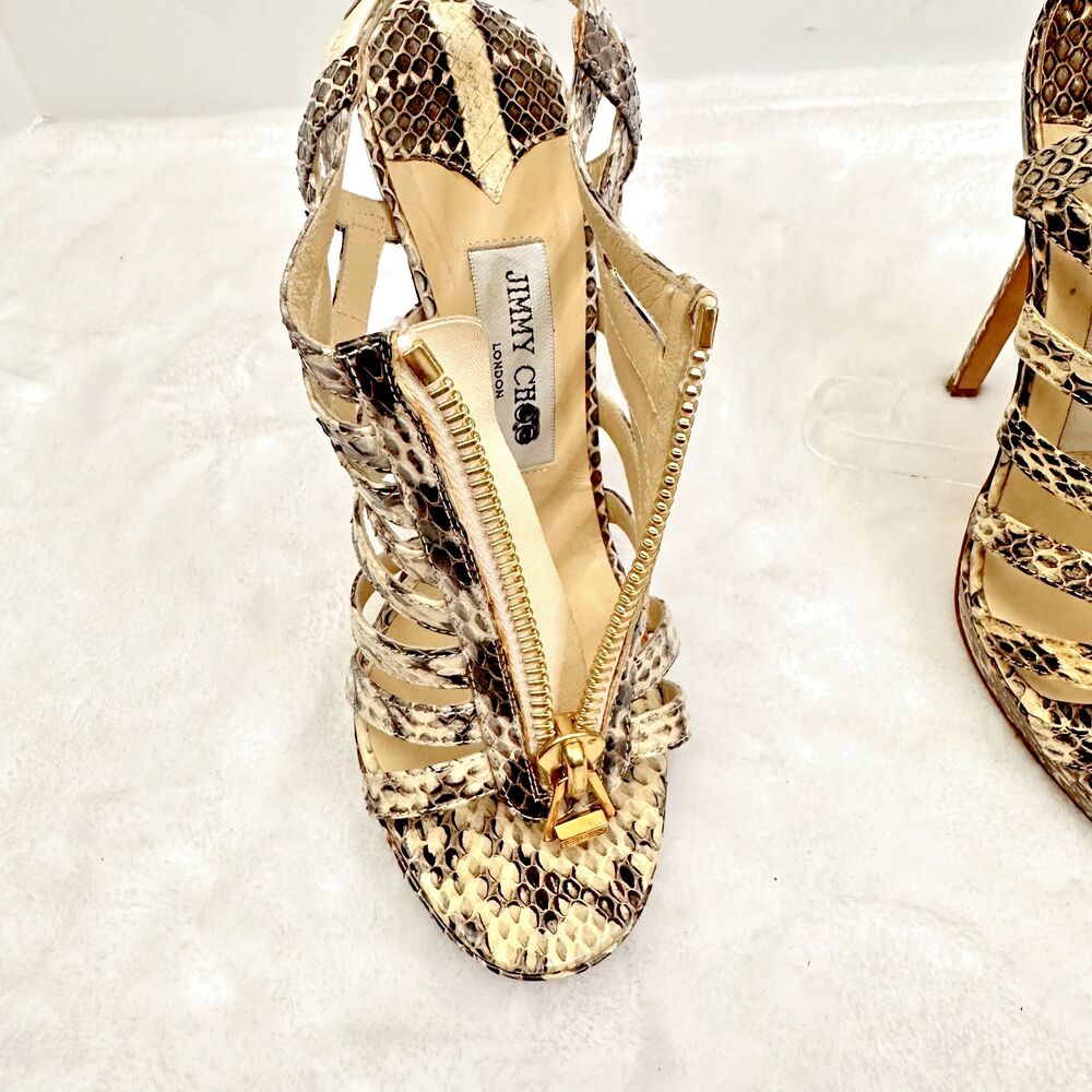 Jimmy Choo Women's Snakeskin Heels Strappy Sandals Front Gold Zip Python SZ 37 - Picture 14 of 14